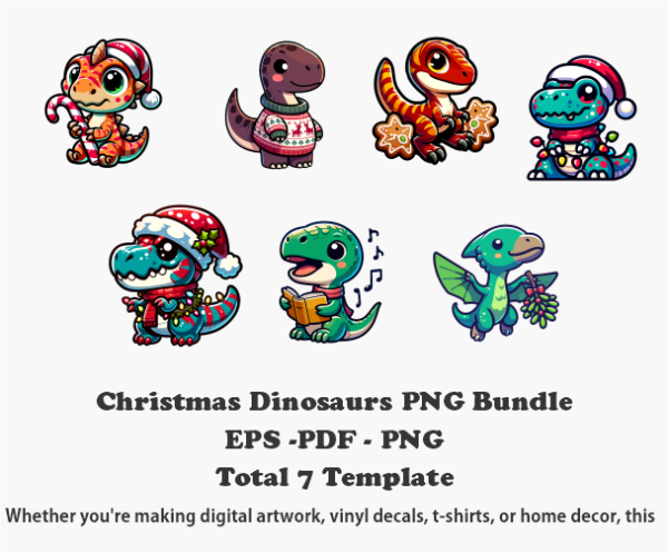 Christmas Dinosaurs PNG Bundle